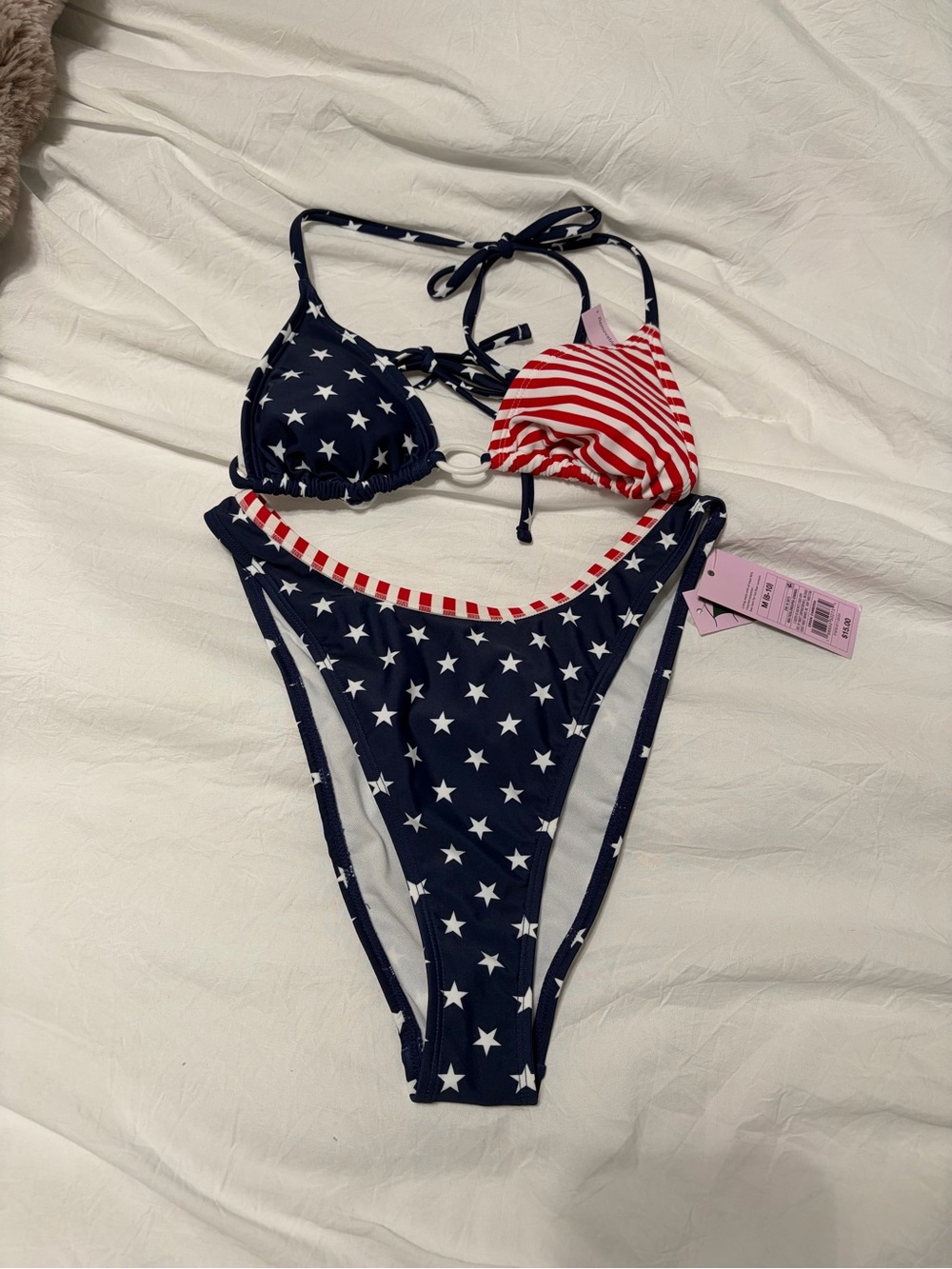 Target Navy Star Print Triangle Bikini Top with Red-White Stripe Accent